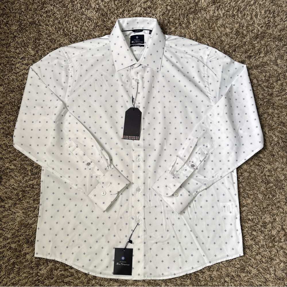 Ben Sherman White Dress Shirt with Navy Micro Dots